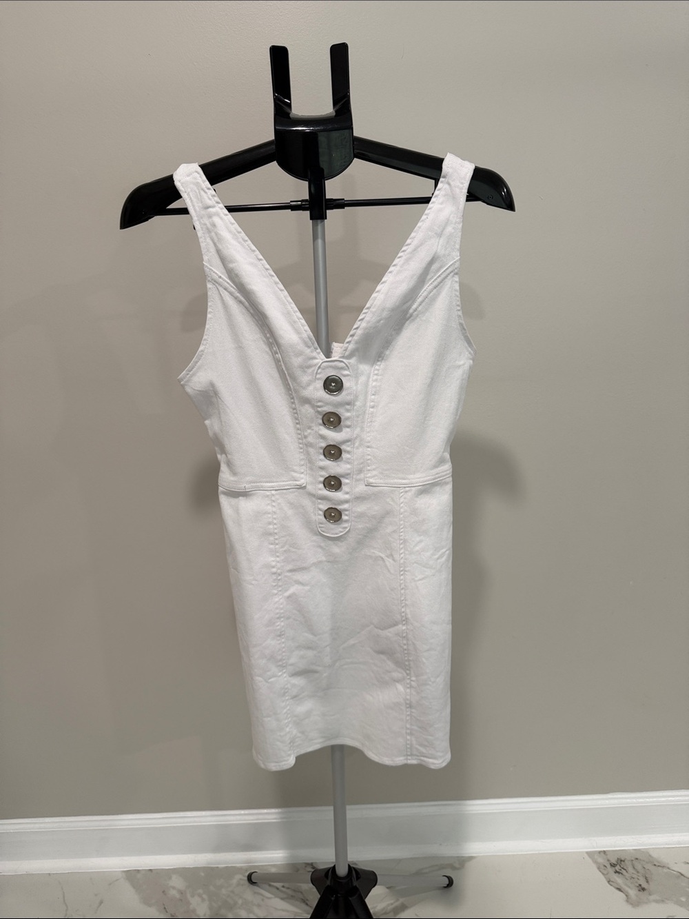 White Button-Front V-Neck Mini Dress